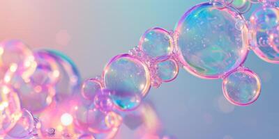 radiante jabón burbujas con arco iris reflexiones y pastel tonos foto