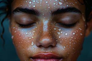 de cerca retrato de un mujer con agua gotas en su rostro, ojos cerrado en un pacífico expresión foto