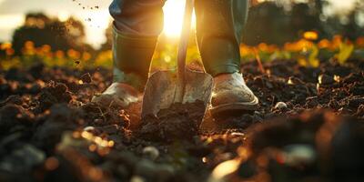 Sunset Gardening with Shovel and Soil Splatter photo