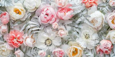 Floral Assortment with Pink and White Blooms and Silver Leaves photo