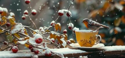 Winter's Touch Snow-Covered Berries and Robin on Teacup photo