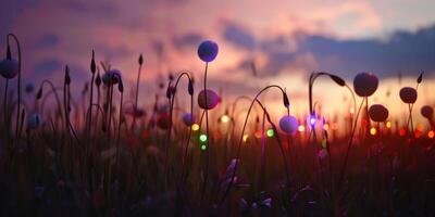 un campo de flores con un hermosa puesta de sol en el antecedentes foto