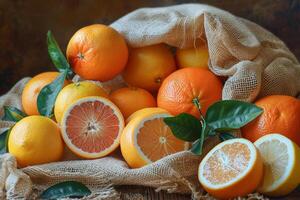 Citrus Bounty Fresh Oranges and Lemons on Rustic Burlap photo