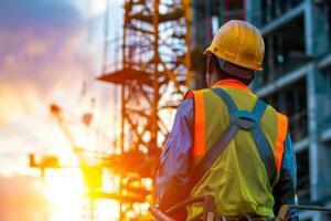 construction worker from behind watching a crane photo