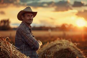 A farmer standing pleased crossing Hands posing on blurred farm background photo