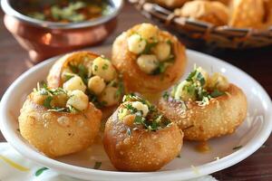 cerca arriba de panipuri o gol brecha o chaat indio rápido comida chaat especias foto