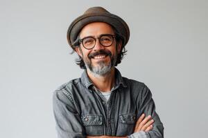 half body of a musician smiling on white background photo