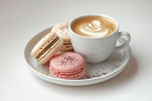 Cup of coffee with latte art with macarons on wooden table and morning sunlight with shadow through from window. Beautiful meal with warm sunlight. photo