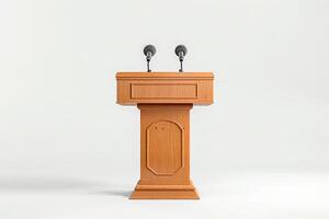 wooden lectern with microphone on white background photo