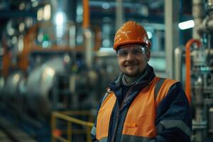 portrait of an engineer with blurred factory background photo