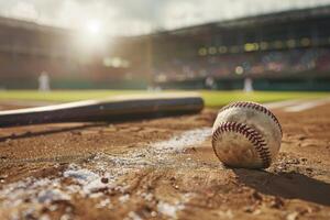 un béisbol y murciélago con borroso estadio antecedentes foto