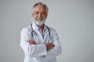 half body portrait of a doctor smiling on white background photo