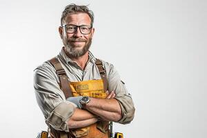 portrait a plumber smiling on white background photo