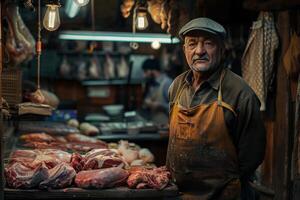 retrato de un carnicero en pie junto a variedades de carne parte foto