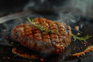 Fresh grilled meat. Grilled beef steak medium rare on black pan photo