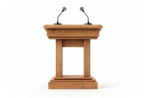 wooden lectern with microphone on white background photo