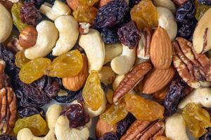 background with a cashew, hazelnuts, raisins and peanuts. Mixed nuts and raisins texture.8 photo