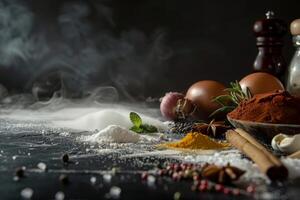 Dried spices with onion on the dark table top photo