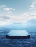 Realistic minimalist product podium floating on blue ocean in . 3d rendered geometric photo