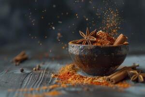 Dried spices with onion on the dark table top photo