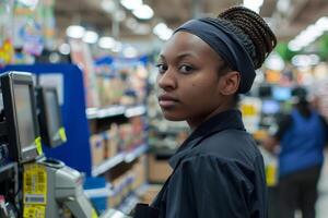 portrait of a general worker at supermarket aisle photo