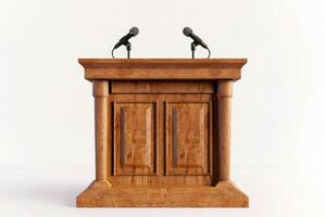 wooden lectern with microphone on white background photo