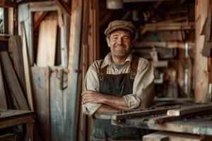 un carpintero en pie satisfecho cruce manos posando en borroso madera molino antecedentes foto