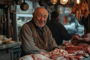 portrait of a butsher standing beside varieties of meat part photo