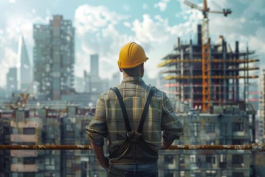 construction worker from behind looking at their latest projects photo