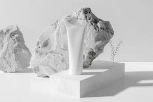 Blank white cosmetic skincare makeup tube on marble podium 3d rendering photo