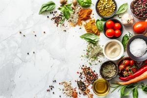 Variety of spices and vegetables on border with copyspace photo