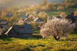 spring village landscape with beautiful flower trees photo