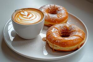 taza de café con latté Arte con rosquillas en de madera mesa y Mañana luz de sol con sombra mediante desde ventana. hermosa comida con calentar luz de sol. foto