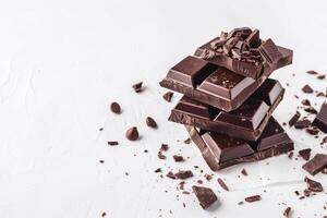 Stacked of chocolate bar on white background copy space photo