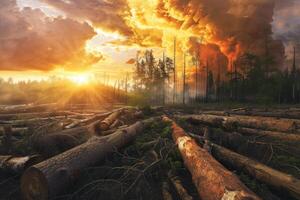 Felling of trees, many stumps from felled pines. climate change concept photo