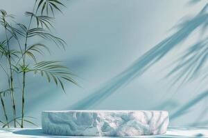 White marble stone product podium with bamboo tree and sunlight photo