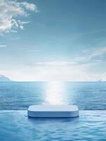 Realistic minimalist product podium floating on blue ocean in . 3d rendered geometric photo