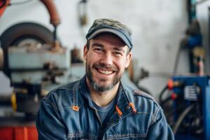 a young technician posing on his blurred work station photo