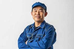 Portrait of Asian technician on a light background with copy space photo