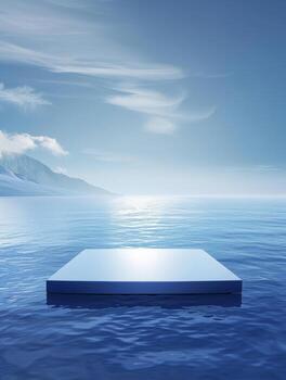 Realistic minimalist product podium floating on blue ocean in . 3d rendered geometric photo