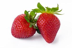 Two strawberries. Fresh organic strawberry isolated on white background. Strawberry macro photo