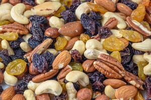 background with a cashew, hazelnuts, raisins and peanuts. Mixed nuts and raisins texture.14 photo