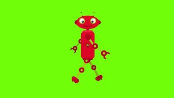 dibujos animados lado actitud robot personaje caminar ciclo, 2d animación de un caminando robot en verde pantalla antecedentes video
