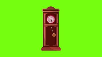 Animation of antique pendulum clock, wood cartoon clock with a pendulum animated 4k on green screen background video