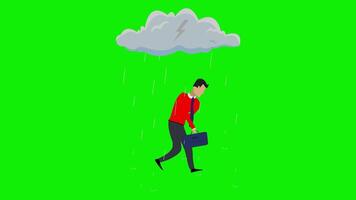 Sad business man walk cycle, loneliness, rainy cloud, character walking motion graphic animation on green screen background video