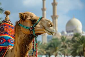 Photo camel with mosque in beautiful islamic background