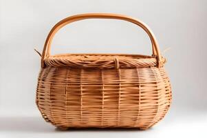 Empty wooden wicker basket on white background photo