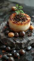 Gourmet Delight. A Succulent Seared Scallop Adorned with Aromatic Spices photo