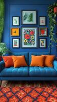 Vibrant Living. A Cozy Corner Adorned with Colorful Art and Textures photo