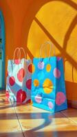 Vibrant Shopping Bags Under Sunlit Archway photo